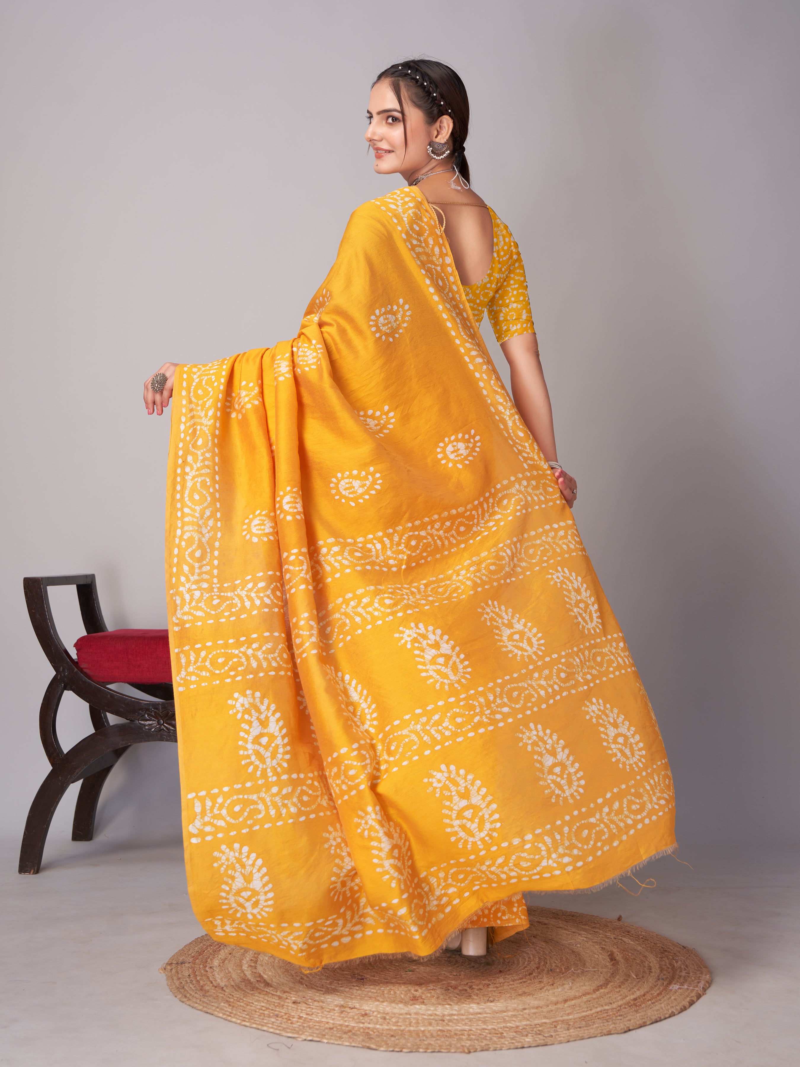 Womens Pure Mul Cotton Batik Print Wine Batik Mango Yellow Saree