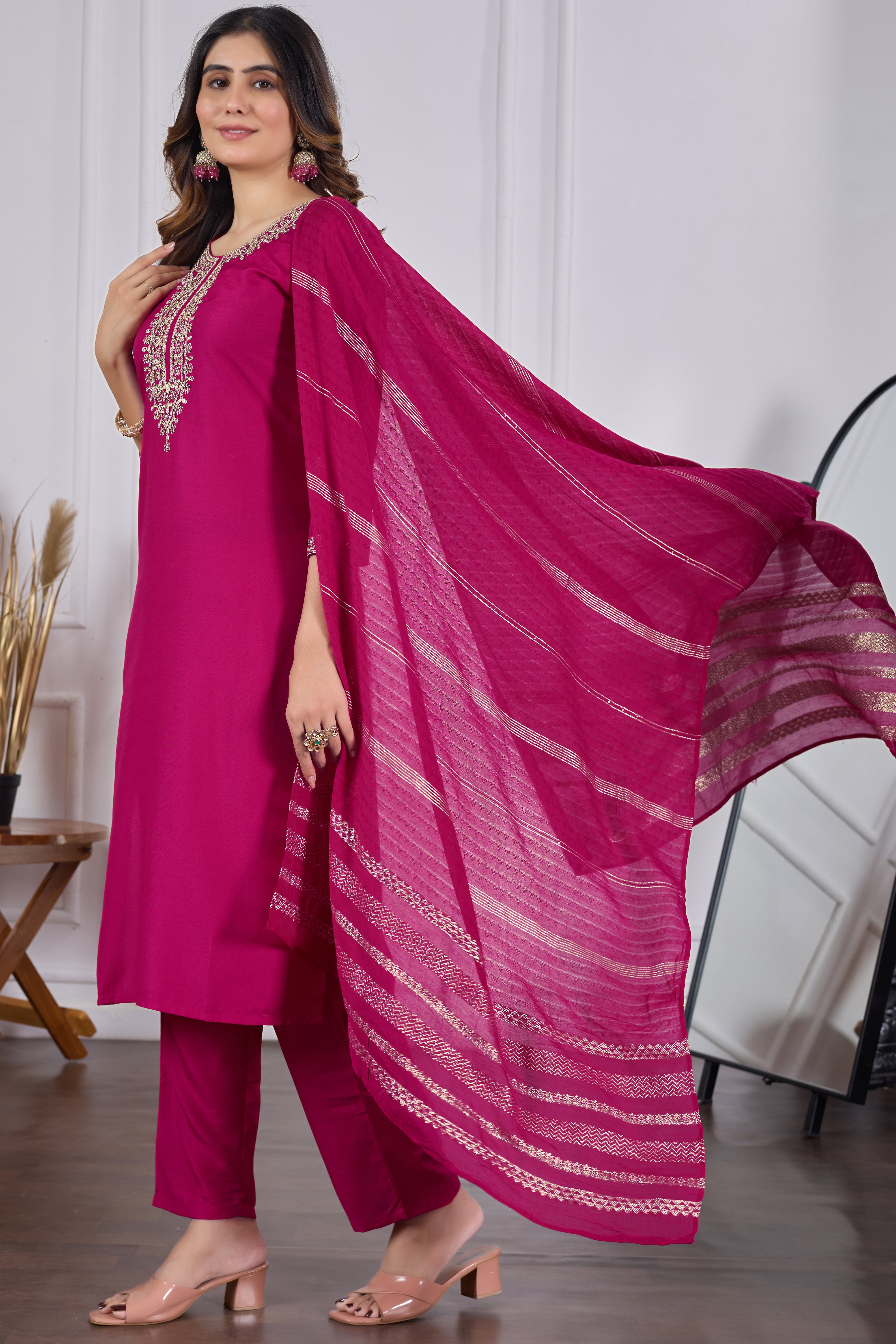 Womens Embroidered Kurti Pant with Dupatta