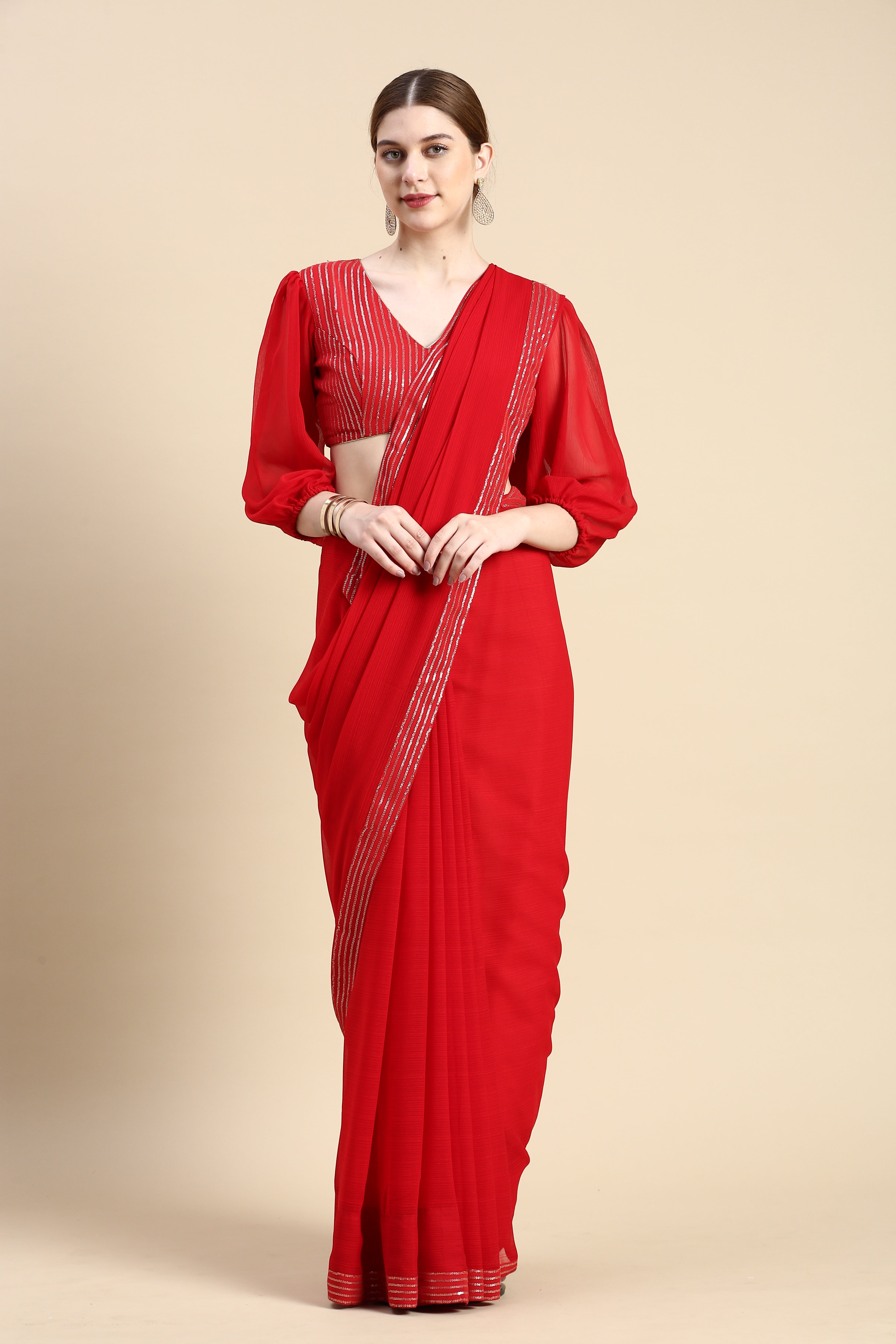 Womens Stylish Red Chiffon Saree with Sequence Border & Blouse
