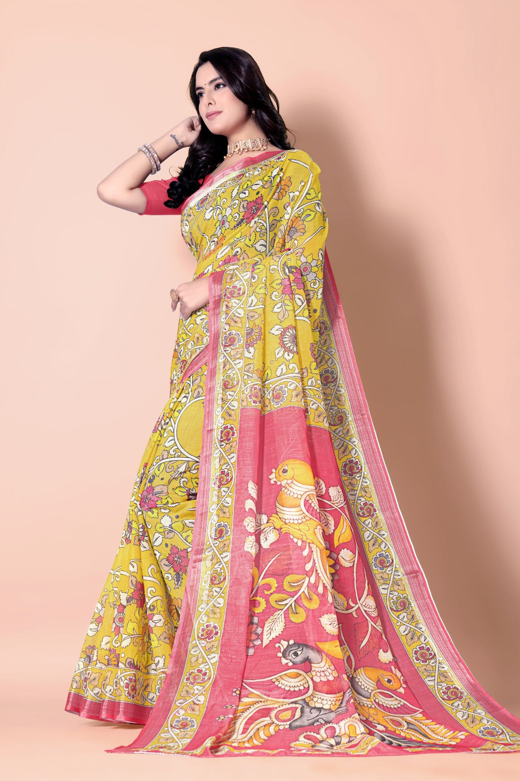 Kalamkari Printed Zari Linen Saree