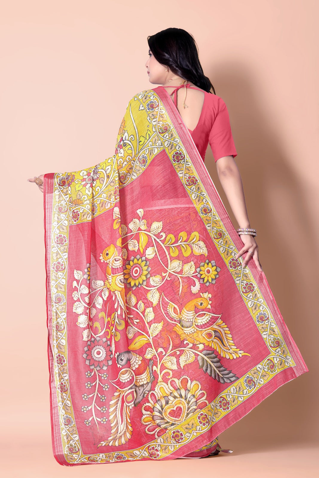 Kalamkari Printed Zari Linen Saree