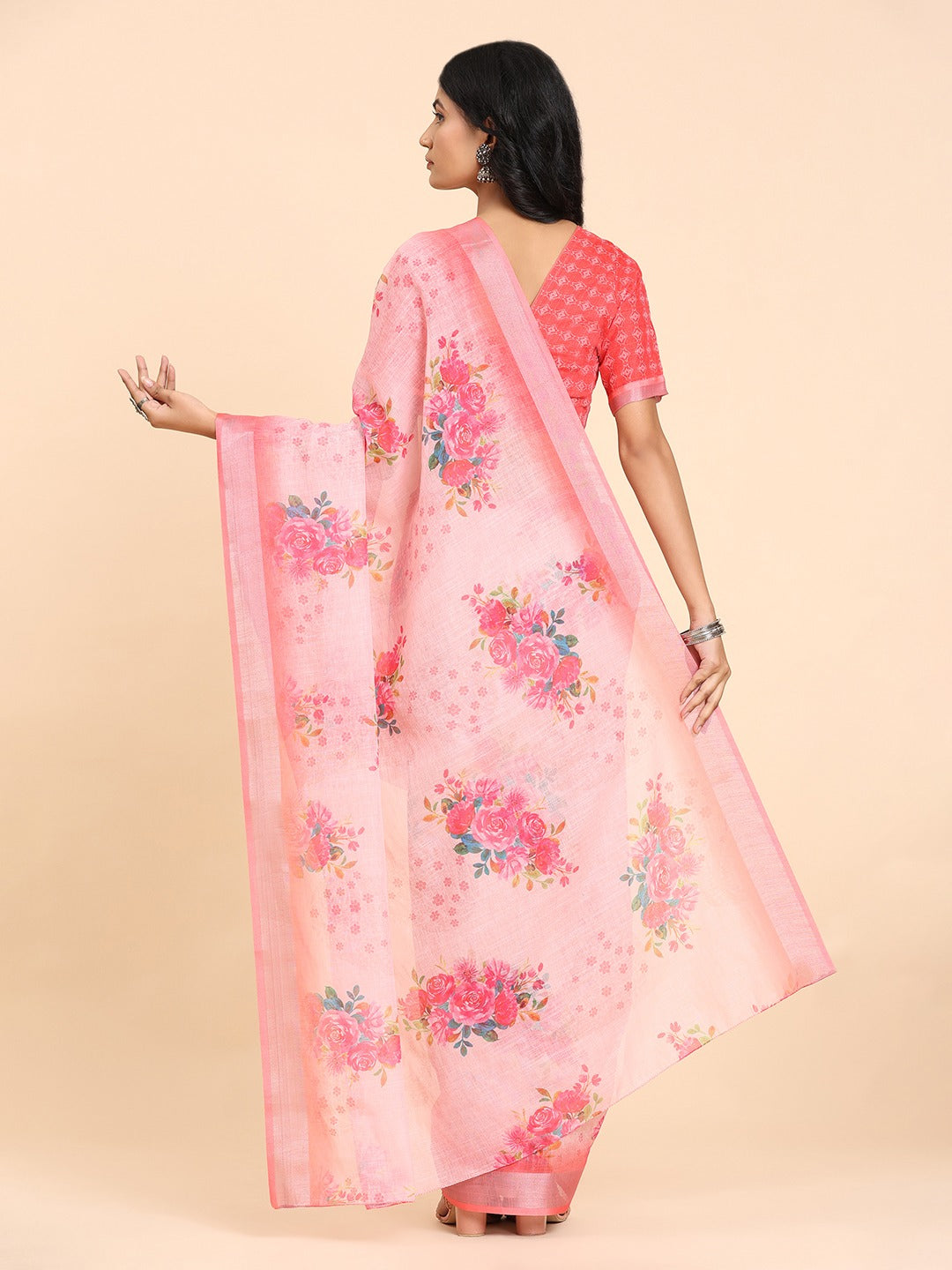 Floral Printed Zari Linen Saree