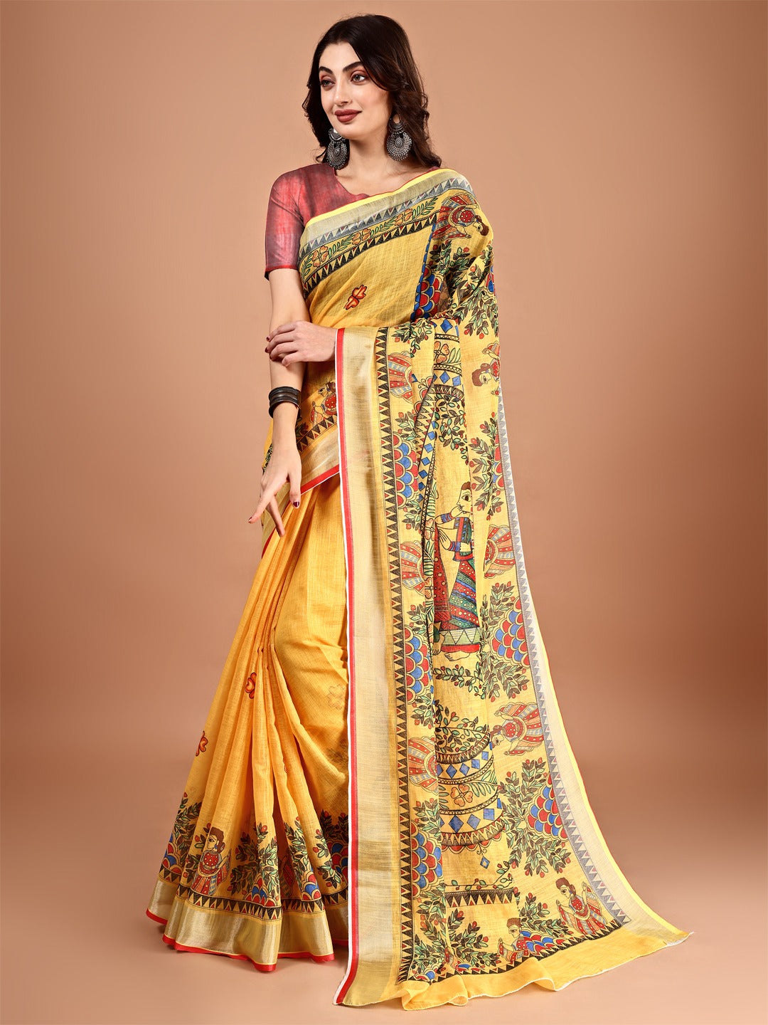 Kalamkari Zari Linen Saree