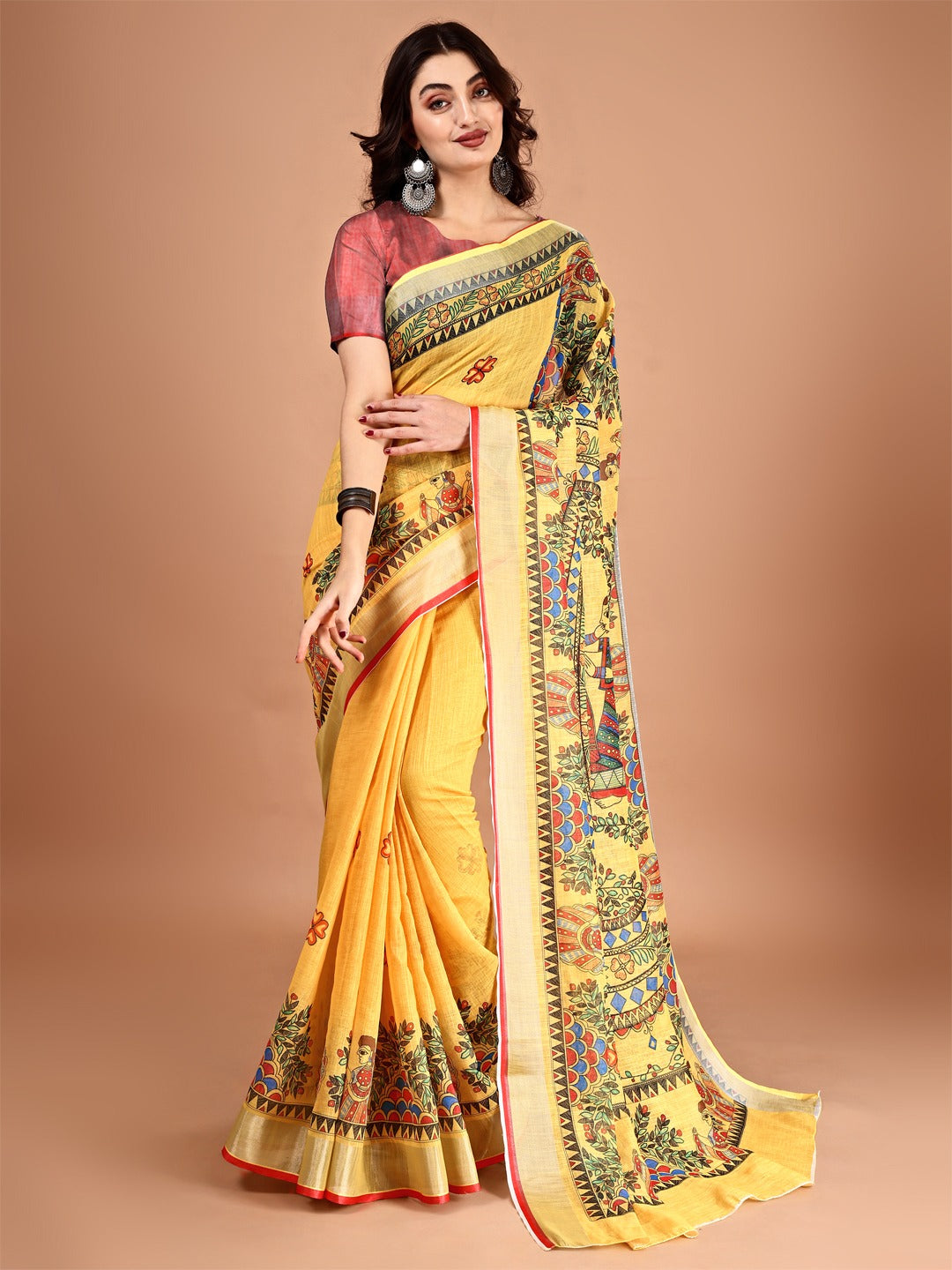 Kalamkari Zari Linen Saree