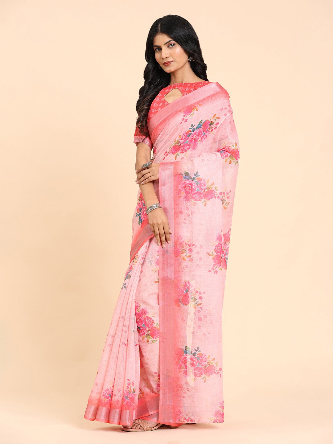 Floral Printed Zari Linen Saree