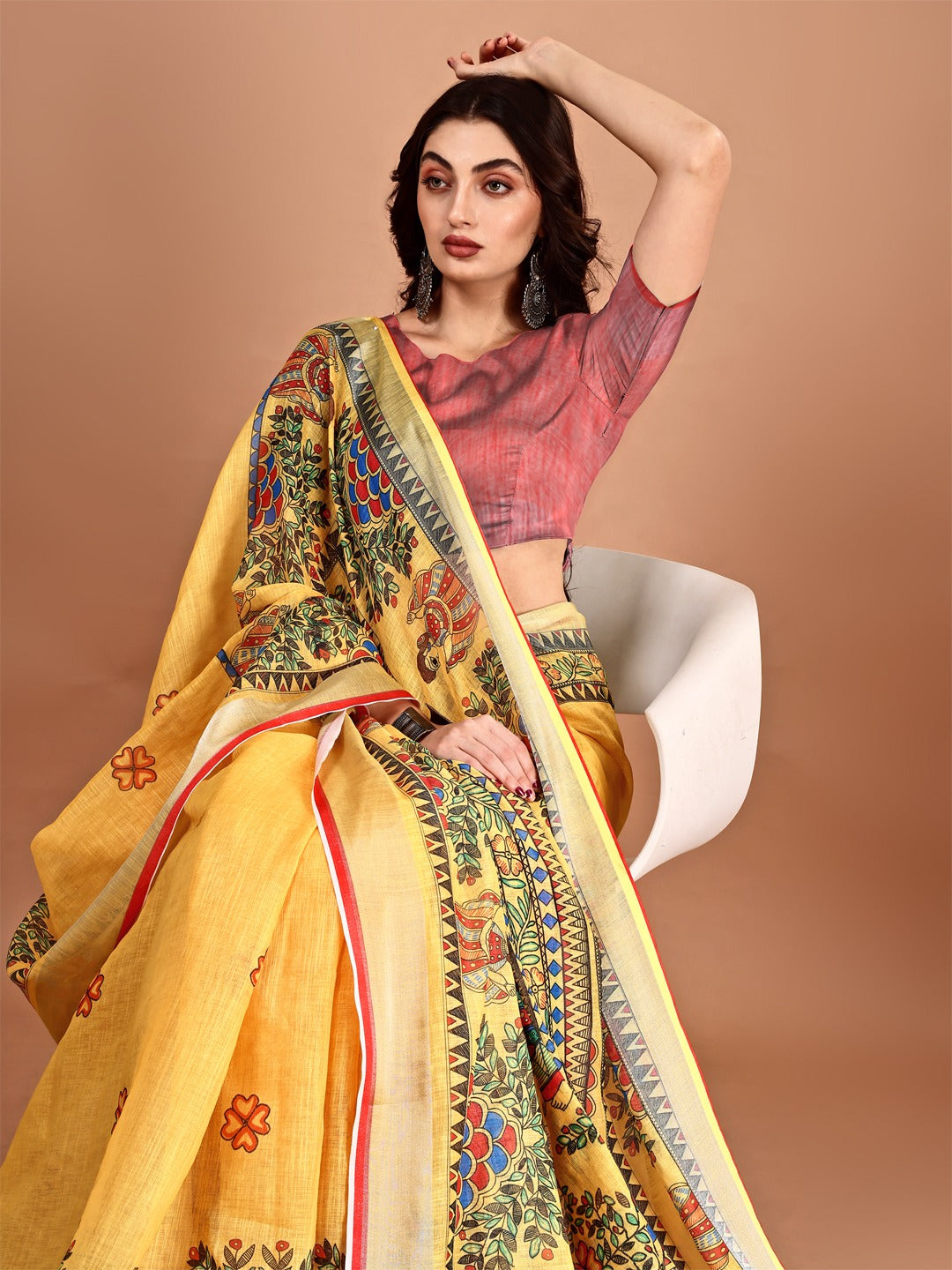 Kalamkari Zari Linen Saree