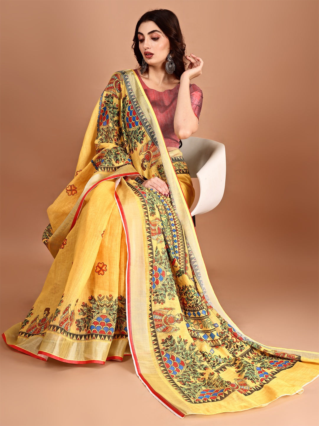 Kalamkari Zari Linen Saree