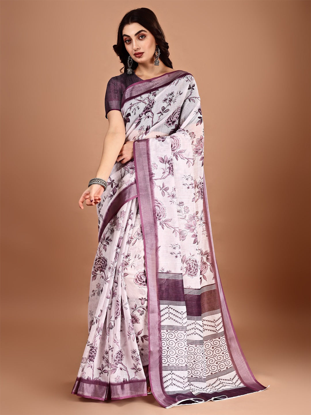 Floral Printed Zari Linen Saree