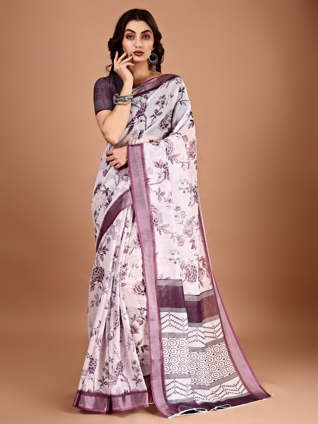 Floral Printed Zari Linen Saree
