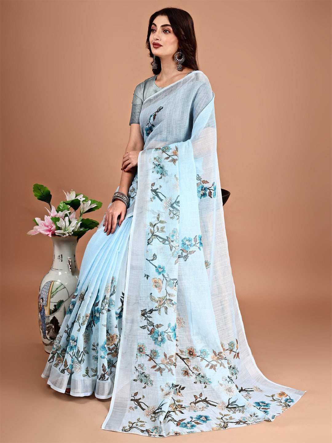 Floral Printed Zari Linen Saree