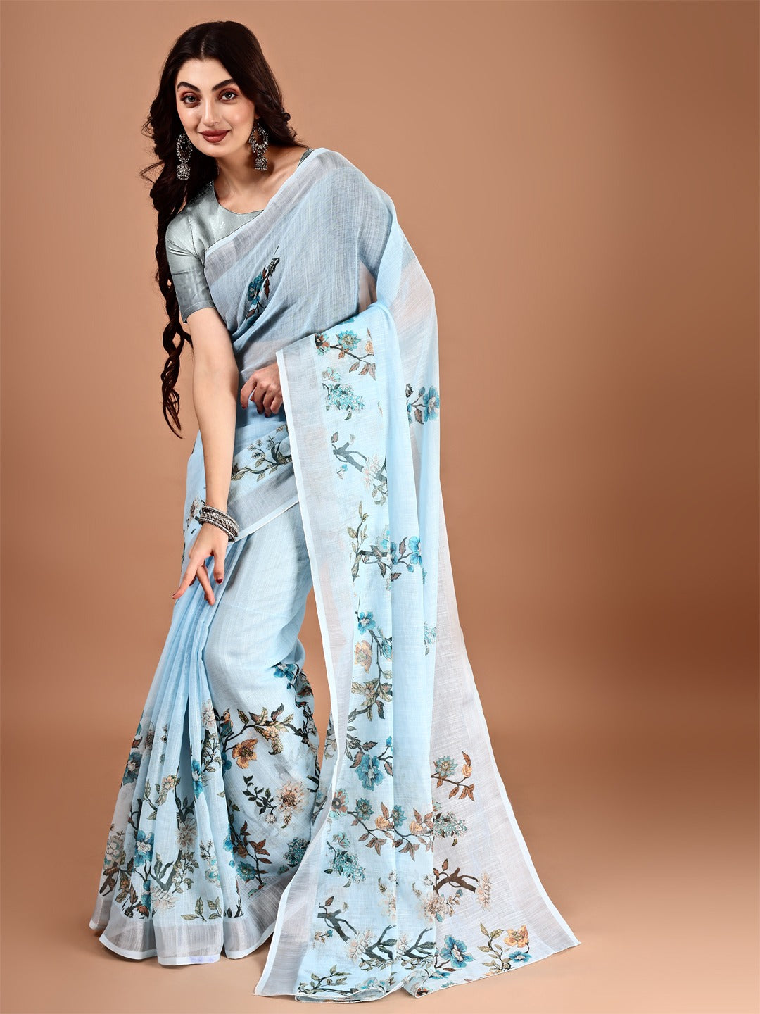 Floral Printed Zari Linen Saree