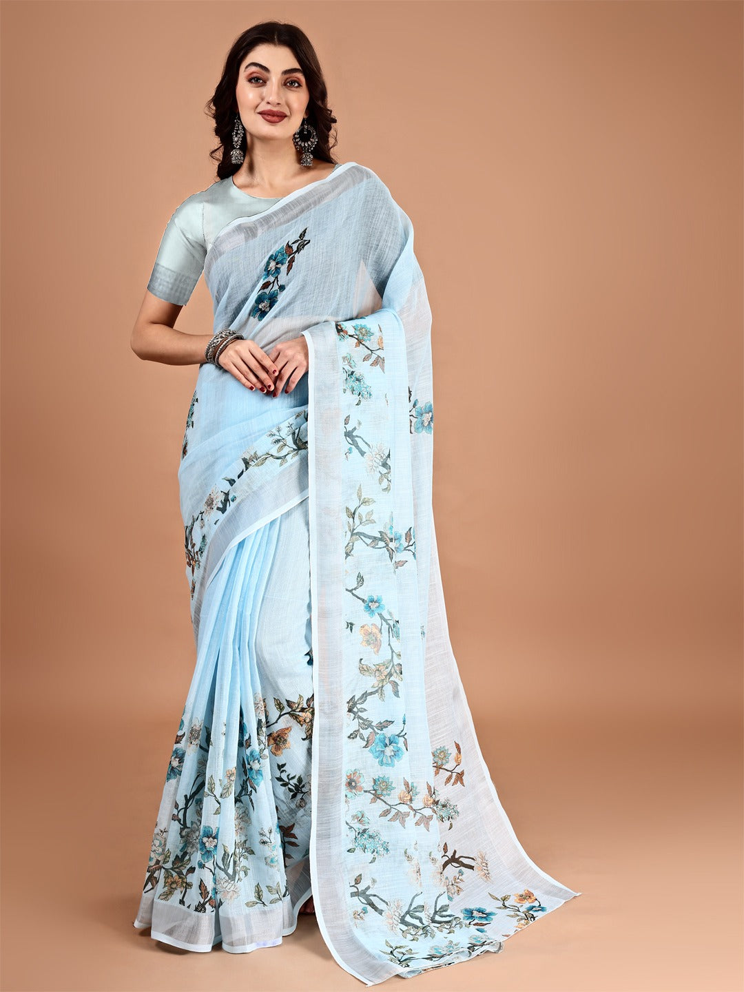 Floral Printed Zari Linen Saree