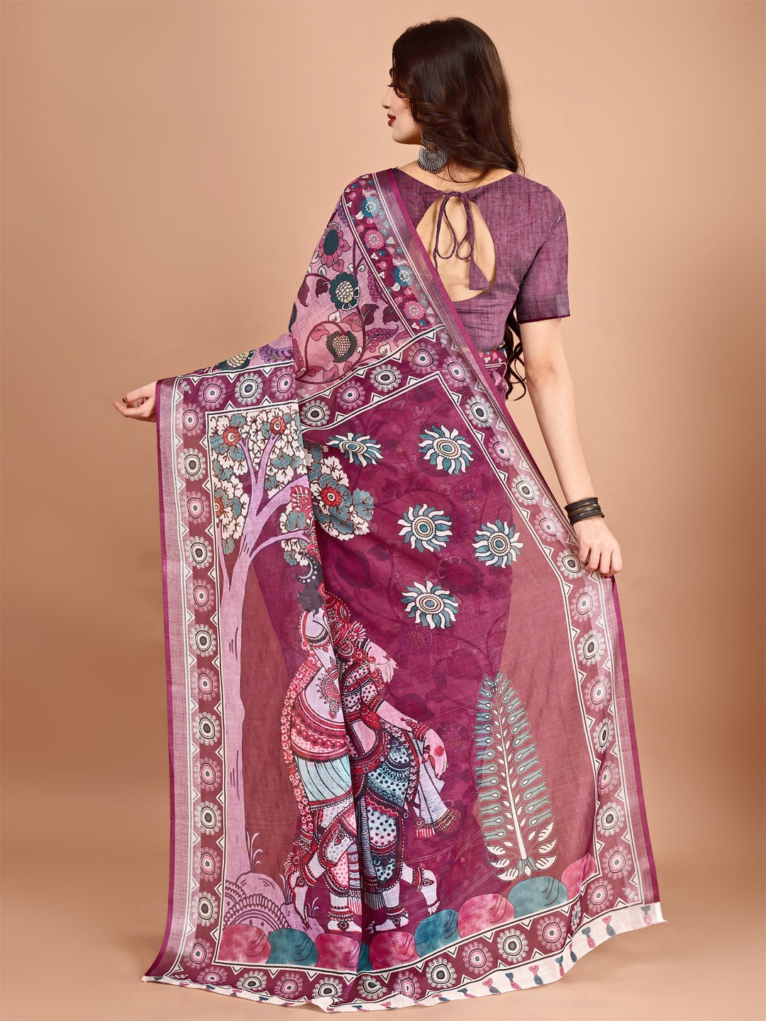 Kalamkari Zari Linen Saree