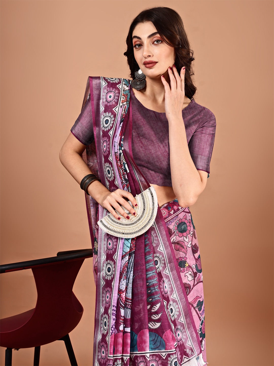 Kalamkari Zari Linen Saree