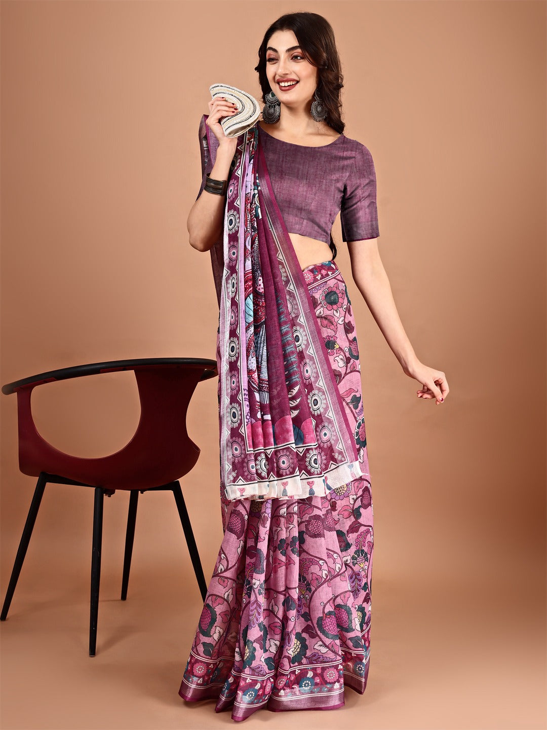 Kalamkari Zari Linen Saree