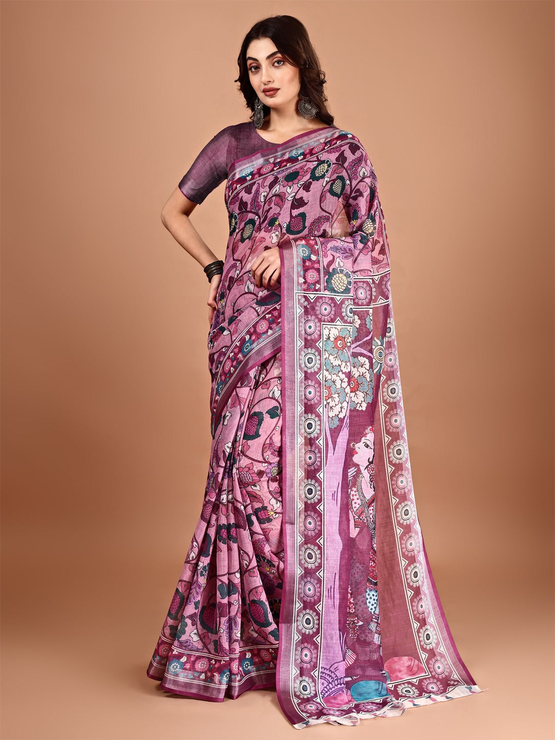 Kalamkari Zari Linen Saree