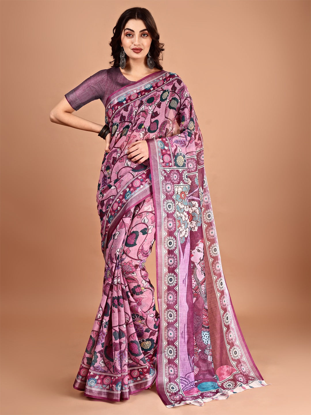 Kalamkari Zari Linen Saree