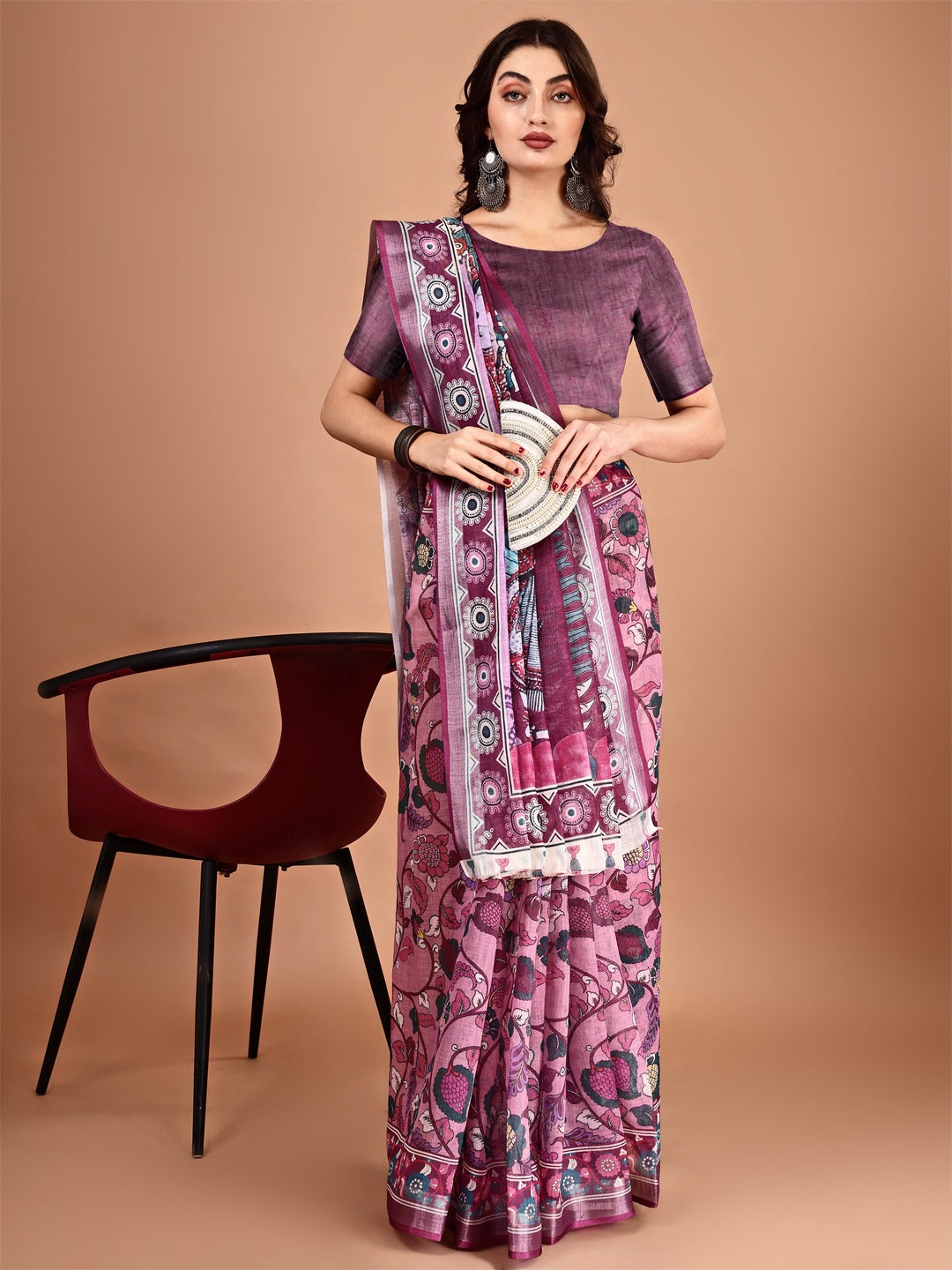 Kalamkari Zari Linen Saree