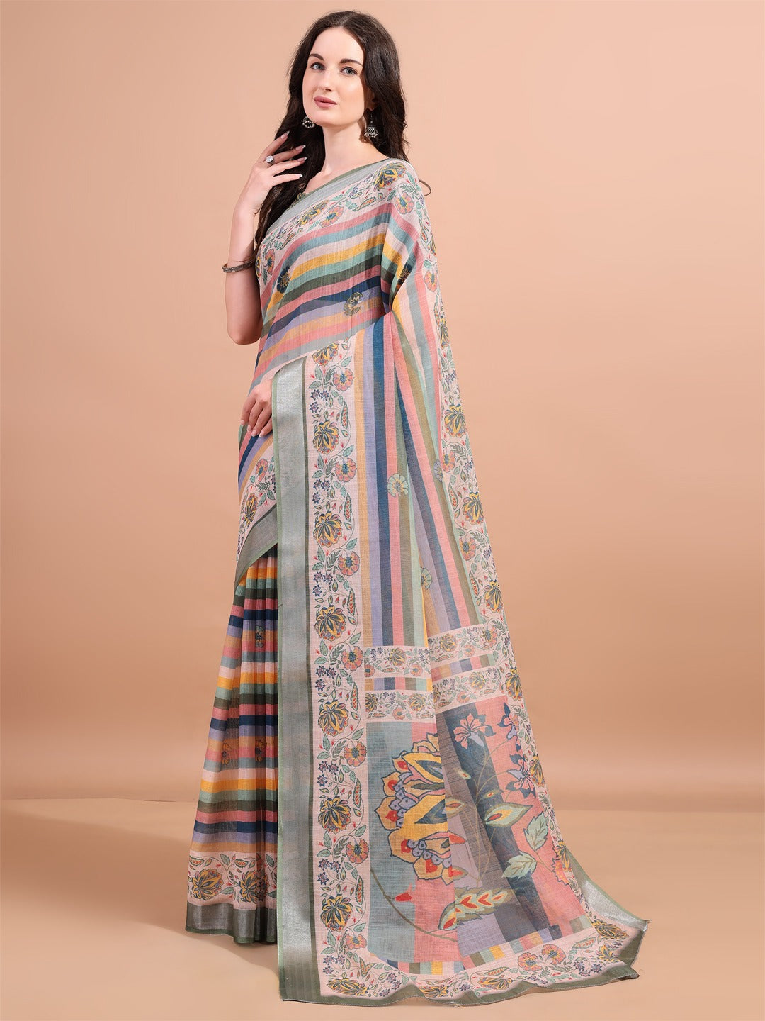 Floral Printed Zari Linen Saree