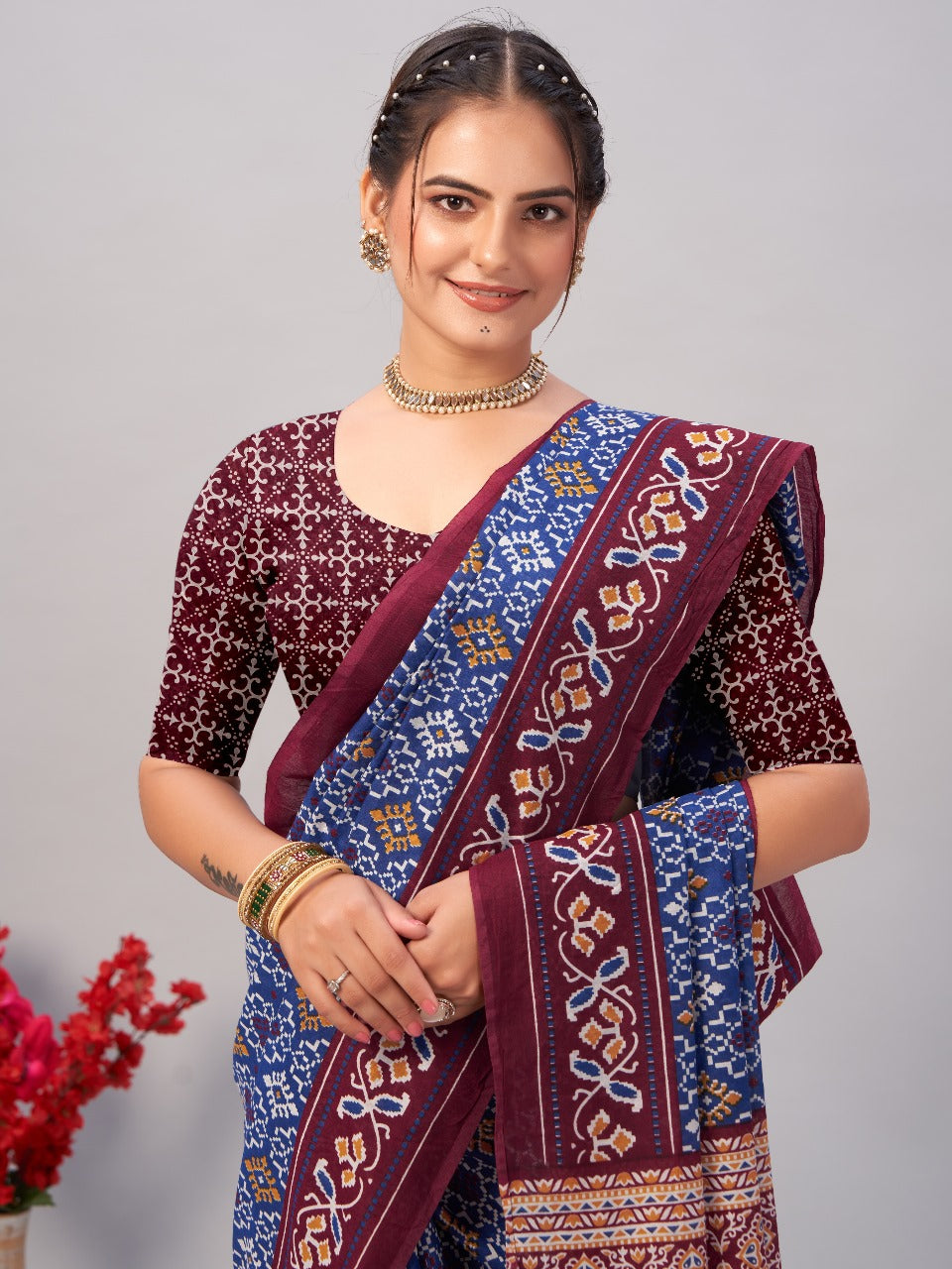 Womens Pure Mul Cotton Ajrakh Print Saree