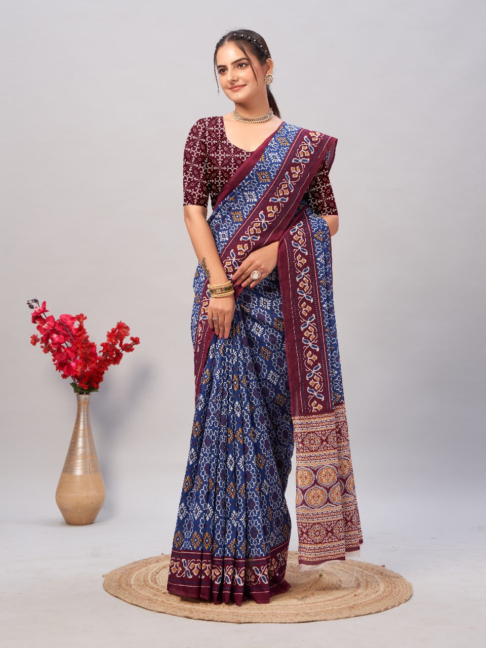 Womens Pure Mul Cotton Ajrakh Print Saree