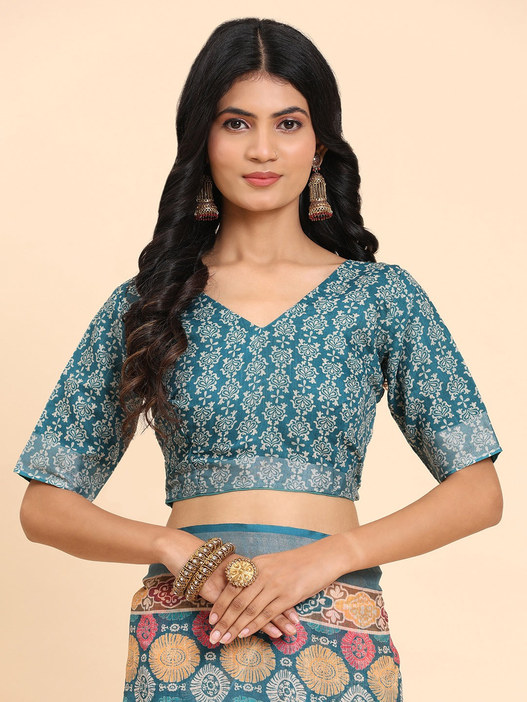 Floral Printed Zari Linen Saree
