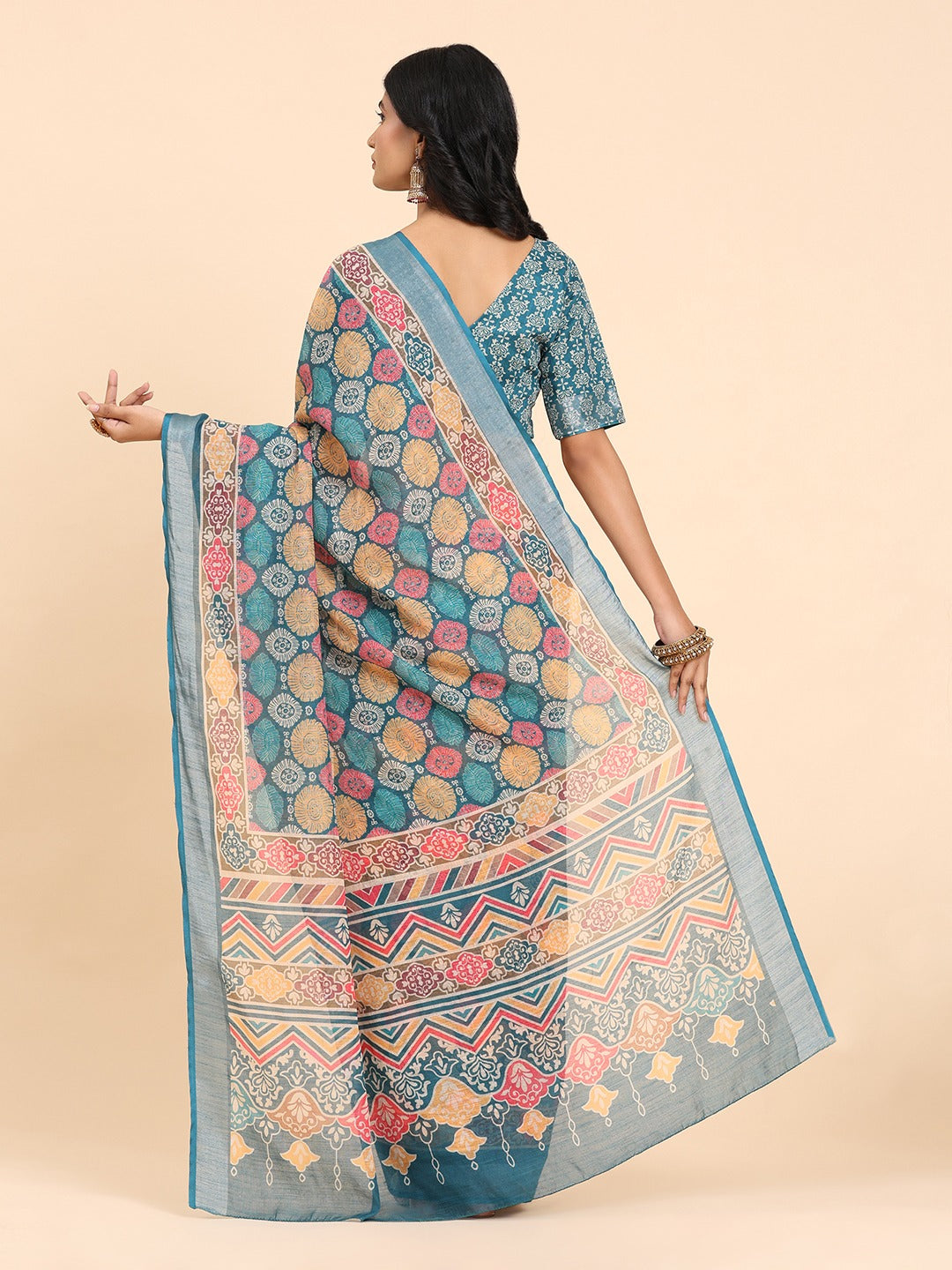 Floral Printed Zari Linen Saree