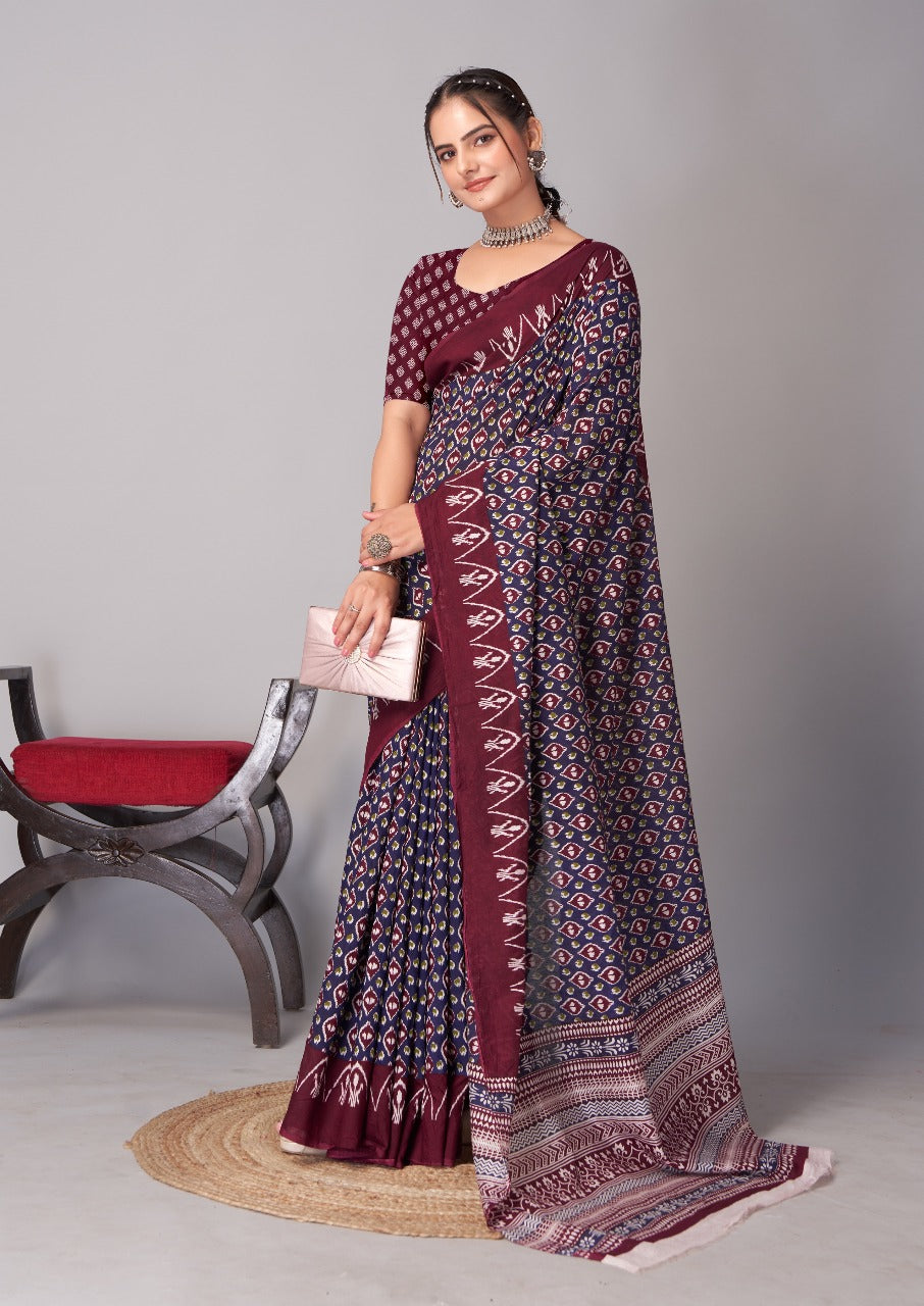 Womens Pure Mul Cotton Ajrakh Print Saree