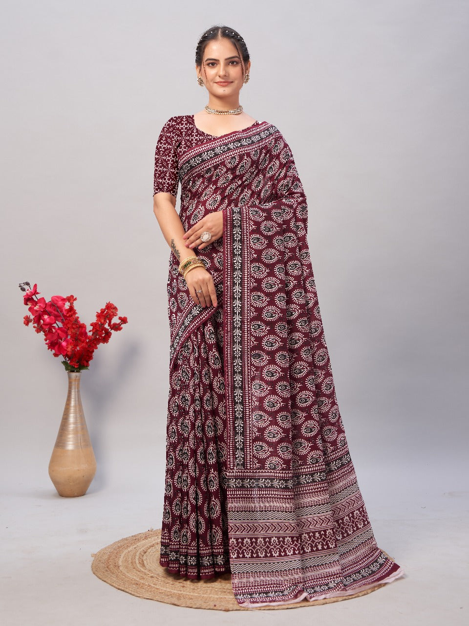 Womens Pure Mul Cotton Ajrakh Print Saree