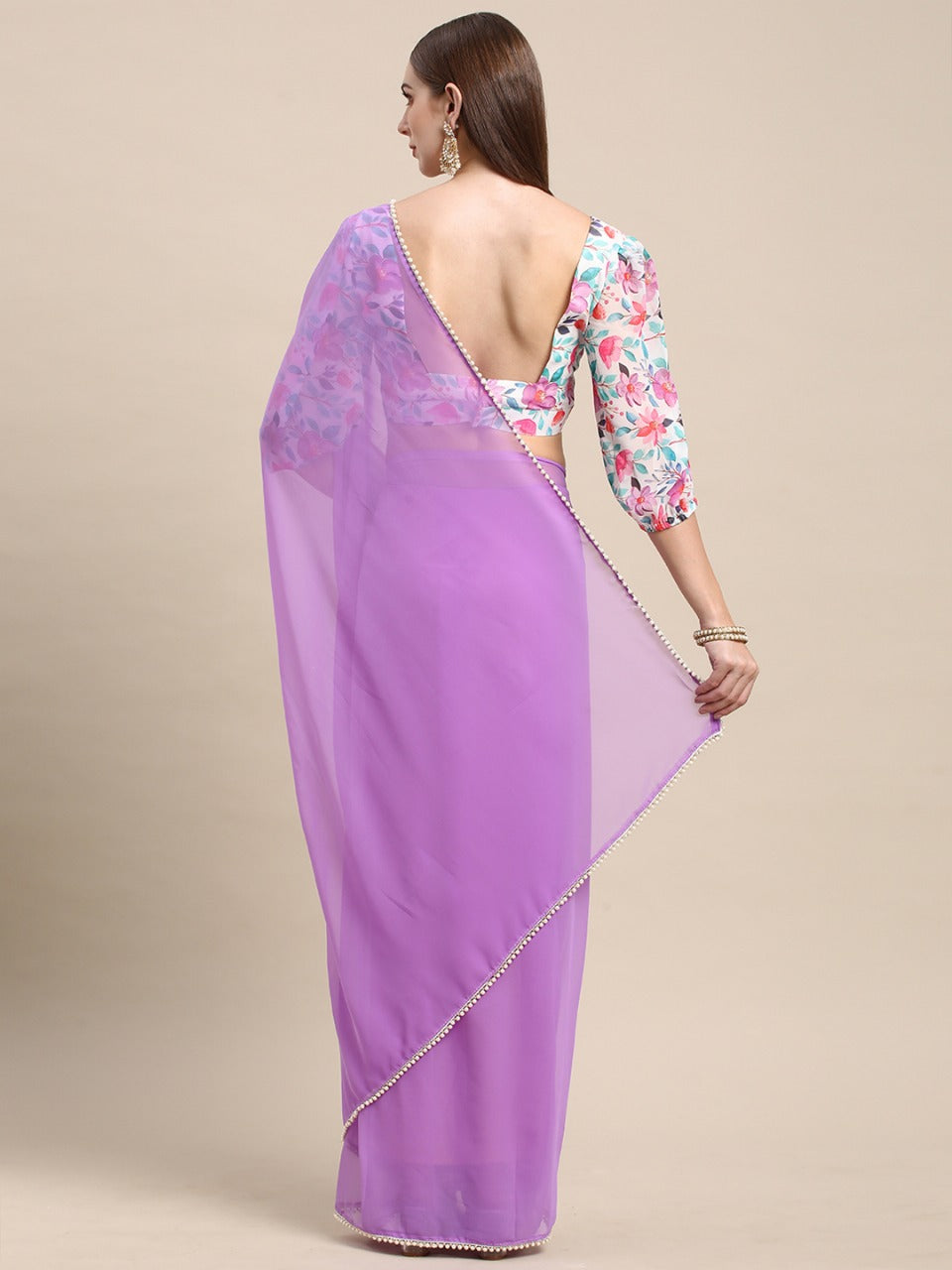 Womens Pure Georgette Purple Solid Saree with Printed Blouse