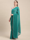 Womens Pure Georgette Rama Solid Saree with Printed Blouse