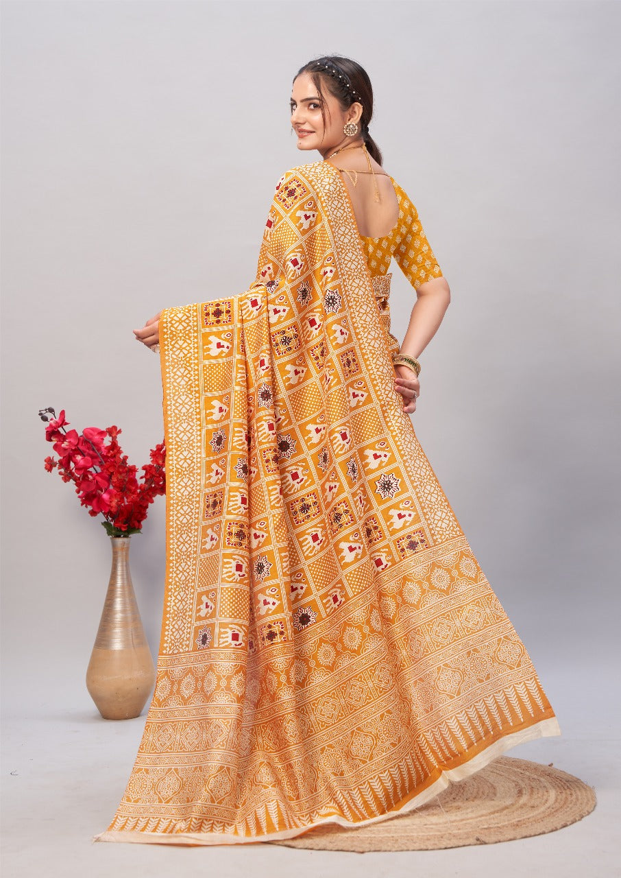 Womens Pure Mul Cotton Ajrakh Print Saree