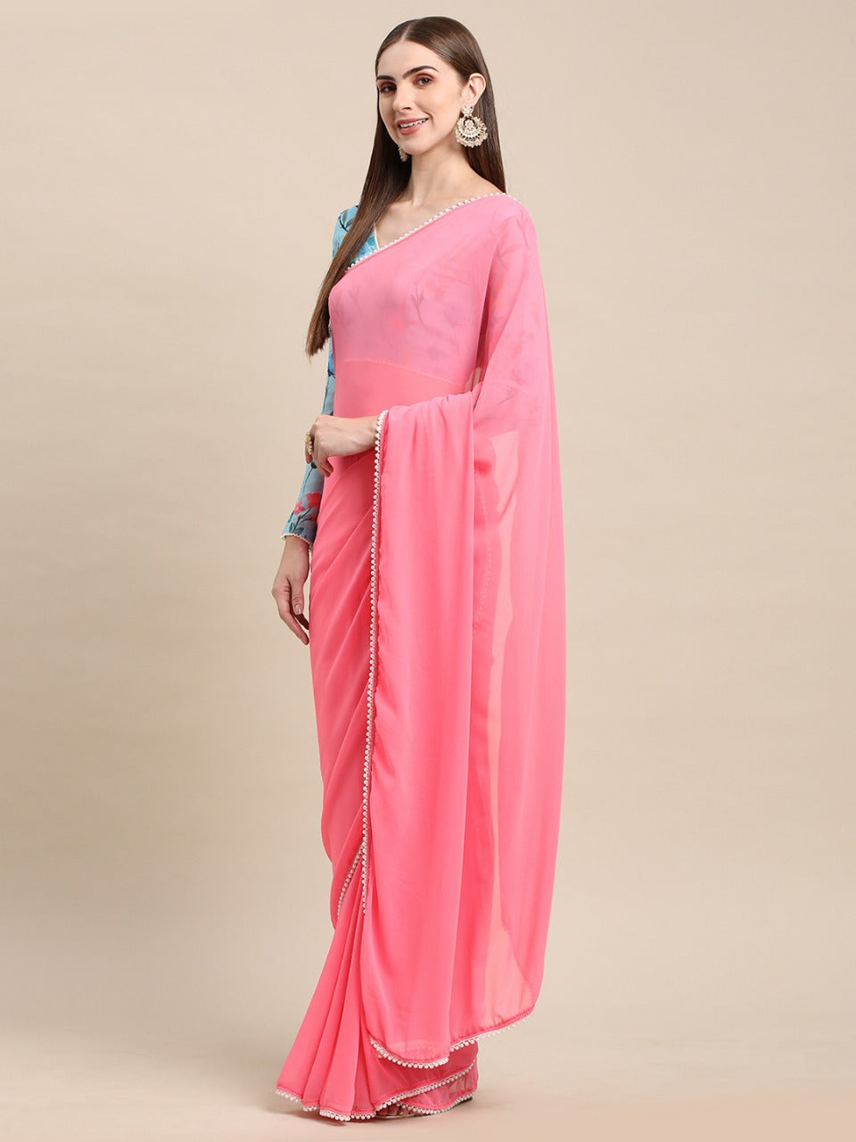 Womens Pure Georgette Peach Solid Saree with Printed Blouse